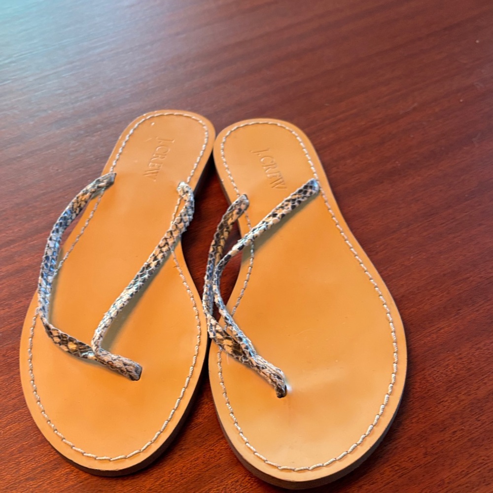 J. Crew Tan Leather Flip-Flop Sandals with Snake-Print Straps